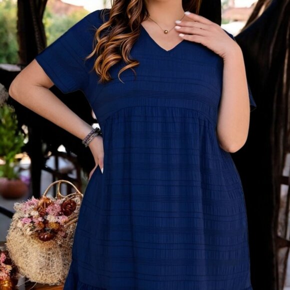๐Boho Navy Blue V-Neck Ruffle Hem Midi Dress | Flowy Fit Casual Chic Look Sz L - Picture 6 of 10